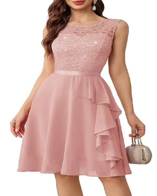 Light pink sleeveless cocktail dress with a sequined lace bodice and a ruffled skirt
