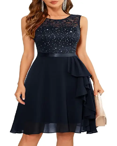 Navy blue sleeveless cocktail dress with a sequined lace bodice and side ruffles