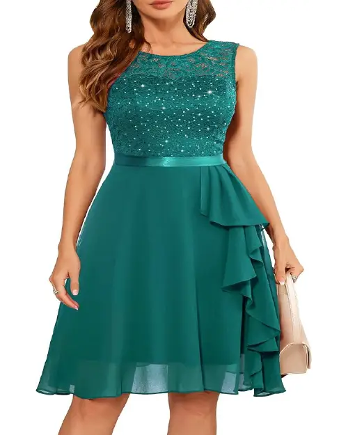 Dark green sleeveless cocktail dress with a sequined lace bodice and ruffled skirt