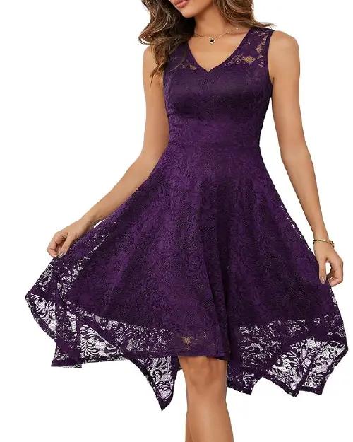 Purple sleeveless lace cocktail dress with a V-neckline and high-low hemline