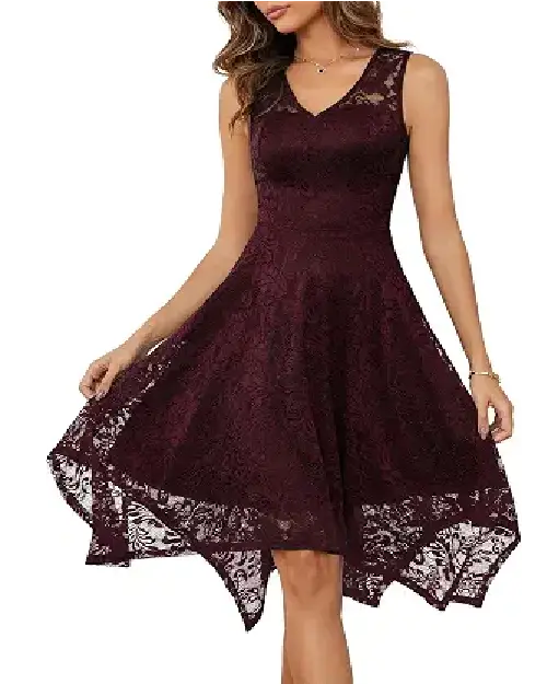 Dark red wine sleeveless lace cocktail dress with a V-neck and high-low hem