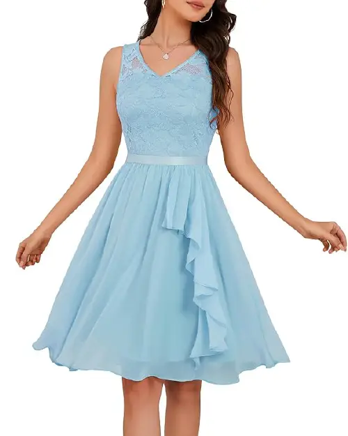 Light blue sleeveless cocktail dress with a lace bodice and a side-ruffled skirt