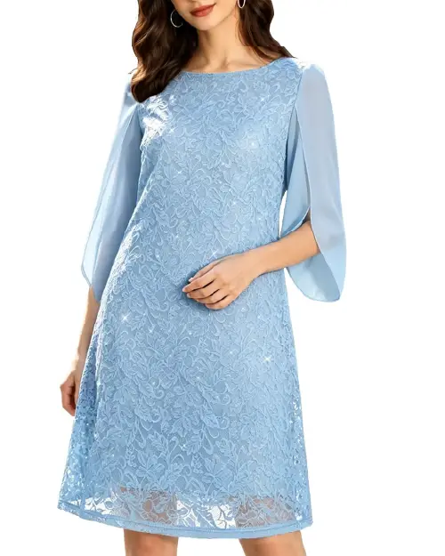 Light blue lace cocktail dress featuring sheer split sleeves and sequin details.