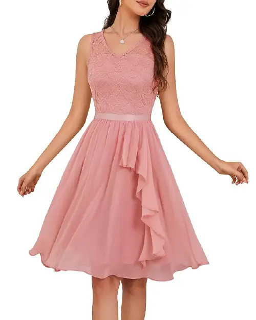 Dusty pink sleeveless cocktail dress with a lace bodice and ruffled skirt