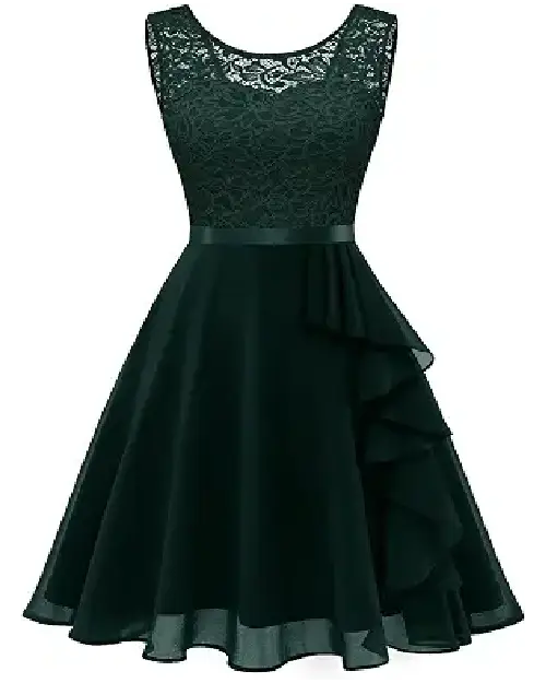 Dark green sleeveless cocktail dress with a lace bodice, satin waistband, and ruffled skirt