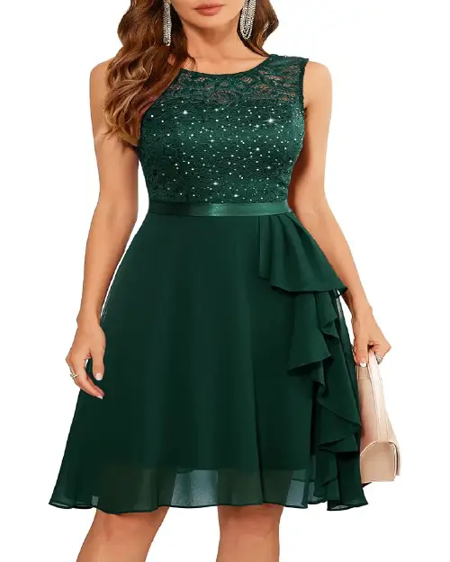 Dark green sleeveless cocktail dress with sequined floral lace bodice and ruffled skirt