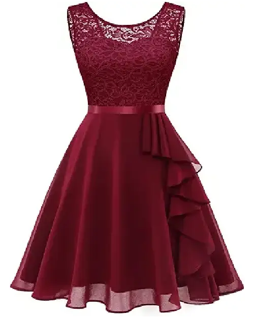 Burgundy red sleeveless cocktail dress with floral lace bodice and ruffled skirt