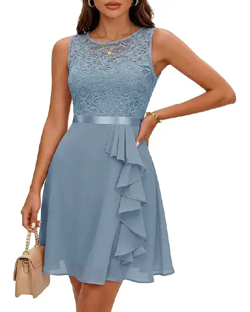 Light blue sleeveless cocktail dress with a floral lace bodice, satin waist, and ruffles