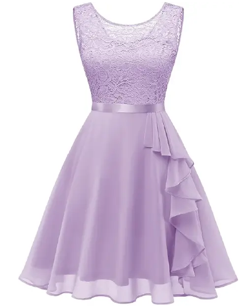 Light purple sleeveless cocktail dress with a floral lace bodice and ruffled skirt