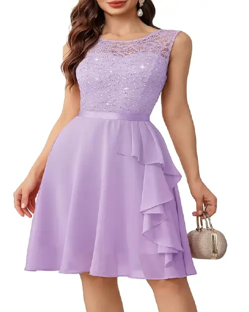Light purple sleeveless cocktail dress with sequined floral lace bodice and ruffles