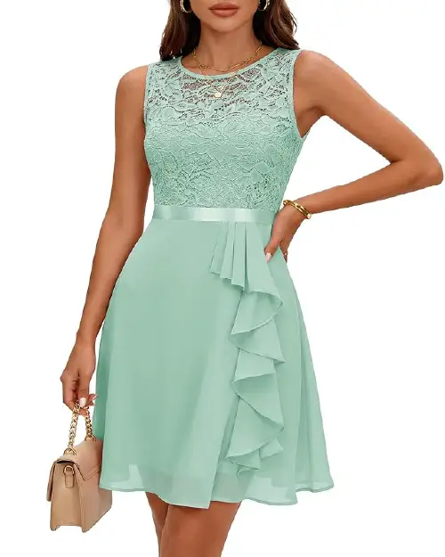 Mint green sleeveless cocktail dress with a floral lace bodice, satin waist, and ruffles