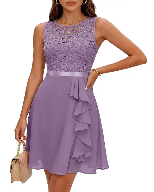 Lavender purple sleeveless cocktail dress with a floral lace bodice and ruffled skirt