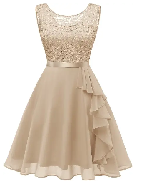 Champagne sleeveless cocktail dress with a floral lace bodice, satin waistband, and a ruffled skirt.