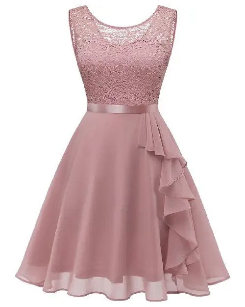 Dusty rose sleeveless cocktail dress with a floral lace bodice, satin waist, and side ruffles.
