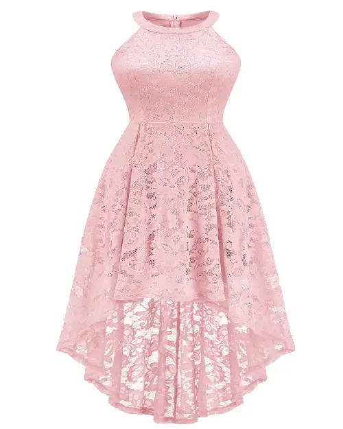 Pink high-neck sleeveless cocktail dress with an all-over floral lace pattern and high-low hem.