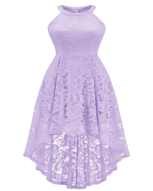 Light purple high-neck sleeveless cocktail dress with an all-over floral lace pattern and high-low hem.