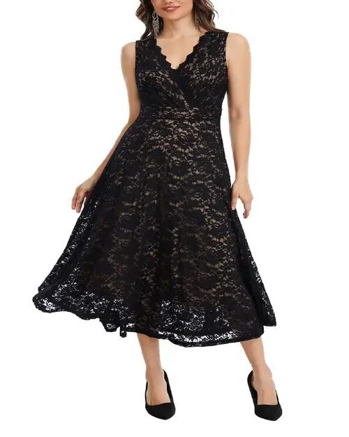 Black V-neck midi cocktail dress with all-over floral lace patterning and a flowing hem.