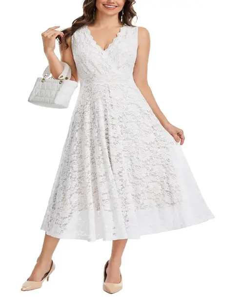 White V-neck midi cocktail dress with intricate floral lace patterning and a midi-length hem.