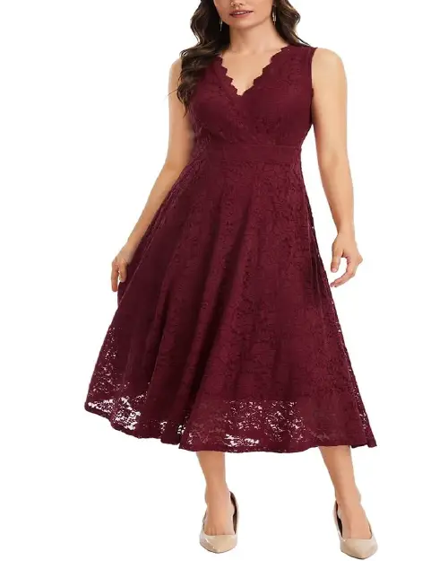 Burgundy V-neck midi cocktail dress featuring an all-over floral lace pattern and a midi-length skirt.