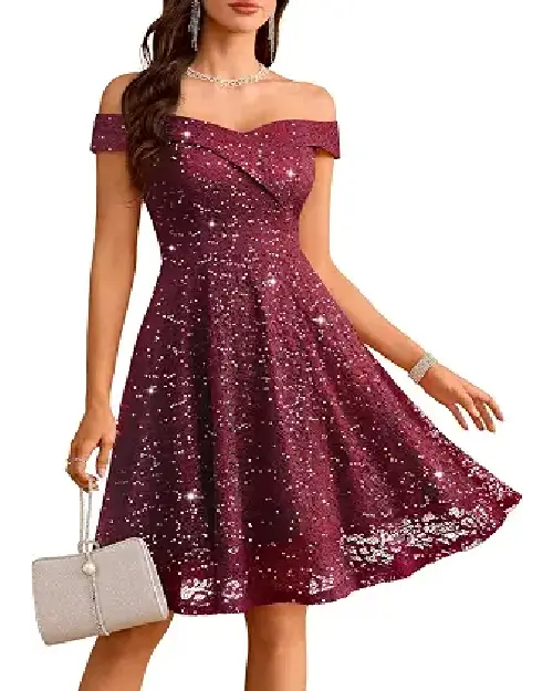 Burgundy off-the-shoulder sequined cocktail dress with a flared knee-length skirt and sparkling finish.