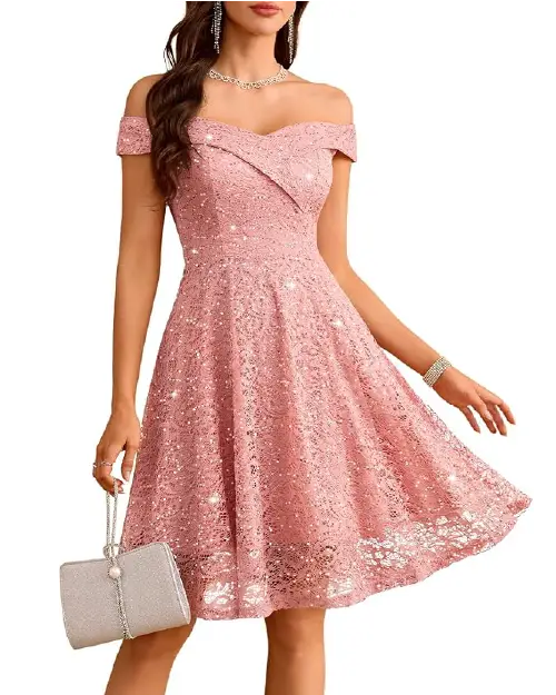 Pink off-the-shoulder sequined cocktail dress with a floral lace pattern and knee-length flared skirt.