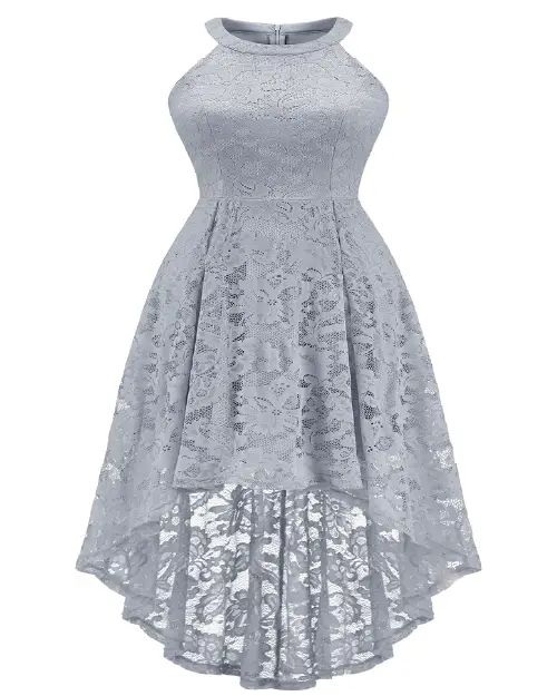 Silver grey high-neck sleeveless cocktail dress with an all-over floral lace pattern and high-low hem.