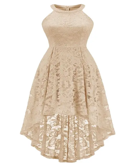 Champagne high-neck sleeveless cocktail dress with an all-over floral lace pattern and high-low hem.