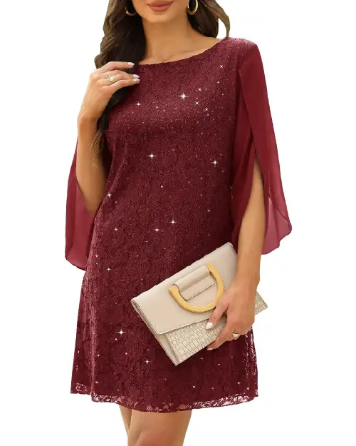 Burgundy lace cocktail dress featuring sheer split sleeves and sequin embellishments.