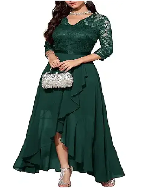 Dark green lace cocktail dress featuring a V-neckline, three-quarter sleeves, and a high-low ruffled hemline