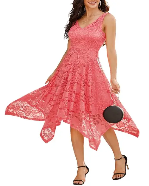 Pink lace sleeveless cocktail dress with a handkerchief hemline