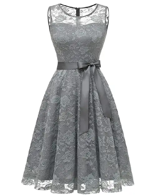 Grey lace midi cocktail dress featuring a sleeveless design and satin waist ribbon