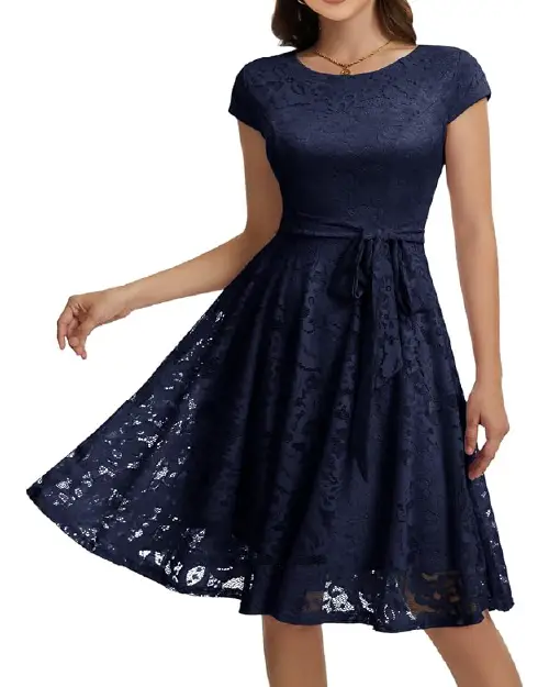 Dark navy blue lace cocktail dress with short cap sleeves and waist tie belt