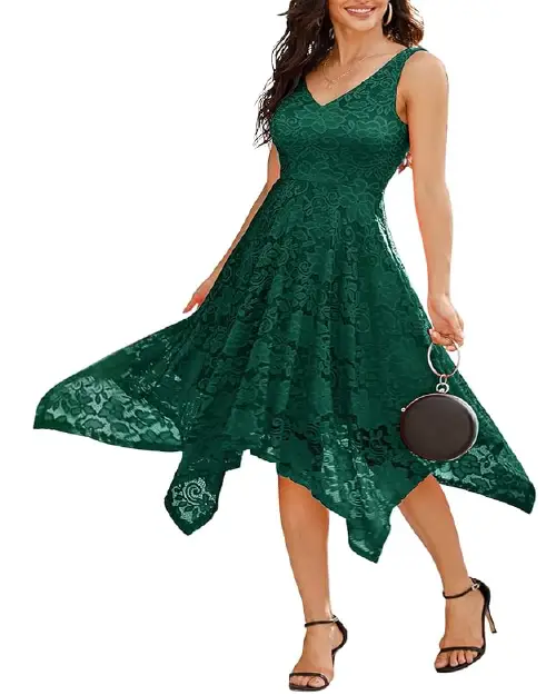 Deep green lace sleeveless cocktail dress featuring a handkerchief hem
