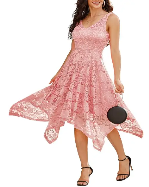 Soft pink lace sleeveless cocktail dress with an asymmetrical handkerchief hemline Title: Charming Soft Pink Lace Cocktail Dress