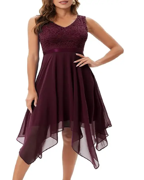 Deep burgundy lace bodice cocktail dress with a satin waist band and high-low chiffon skirt