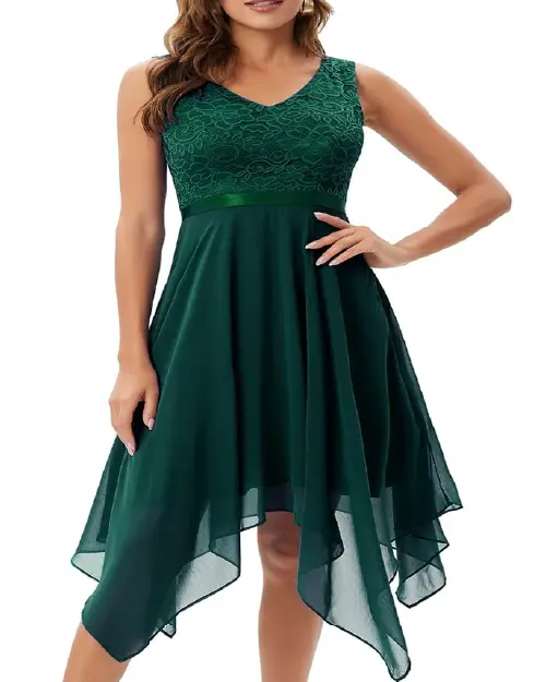 Deep green sleeveless lace bodice cocktail dress with high-low skirt and satin waist ribbon