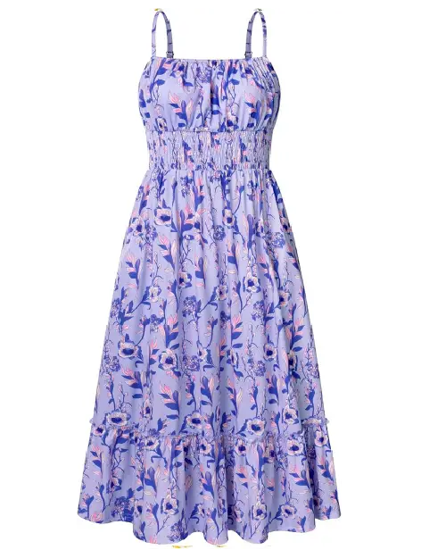 Lavender midi dress with blue and pink floral print, smocked bodice, and ruffled hem