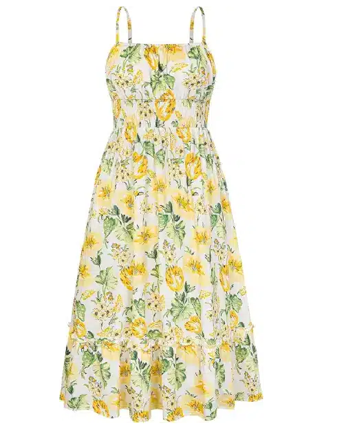 White midi dress with yellow and green floral print, smocked bodice, and ruffled hem
