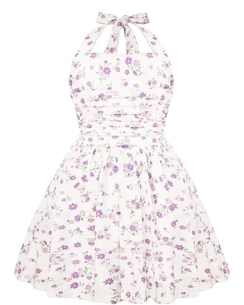 White skater mini dress with purple floral print, halter neck, and pleated bodice