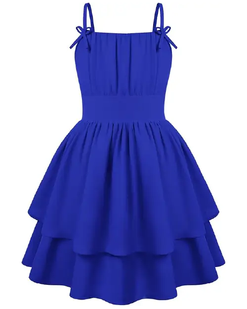 Royal blue sleeveless mini dress with square neckline, tie straps, and double-layered ruffled skirt