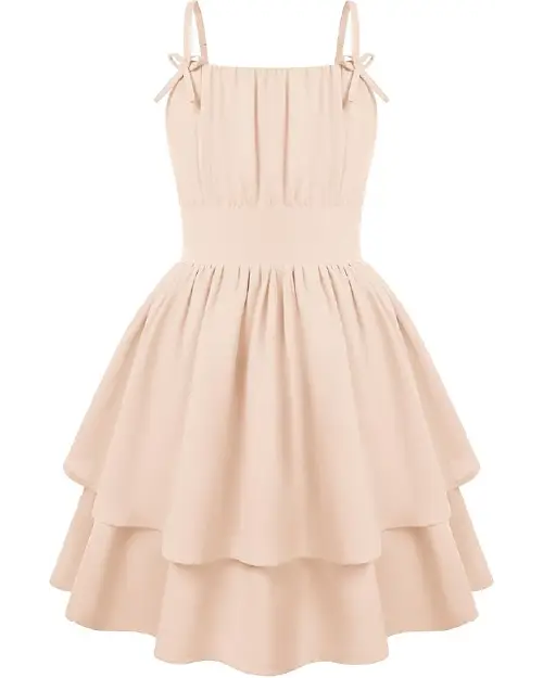 Nude pink sleeveless mini dress with square neckline, tie straps, and double-layered ruffled skirt