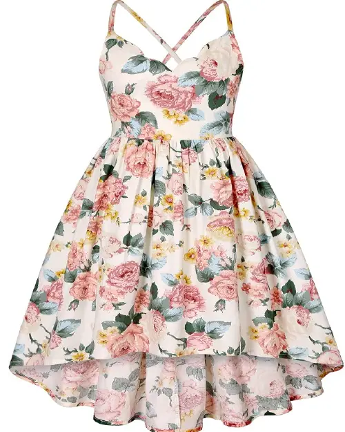 Off-white high-low flora dress featuring a pink rose pattern and crisscross spaghetti straps.