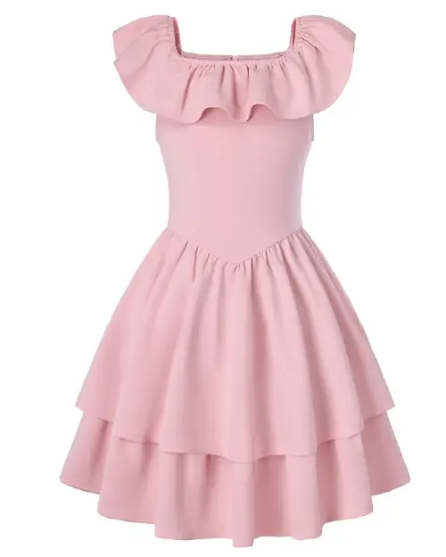 Solid pink flora dress featuring an oversized ruffled collar, square neckline, and a tiered skirt.