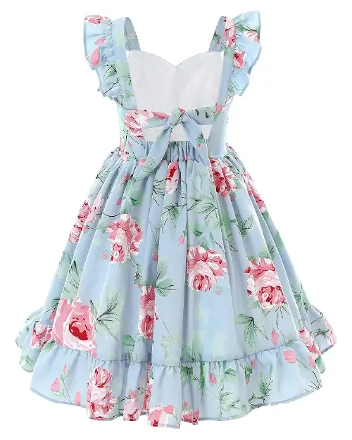 Light blue flora dress with a pink rose pattern, back bow tie, and ruffled cap sleeves.