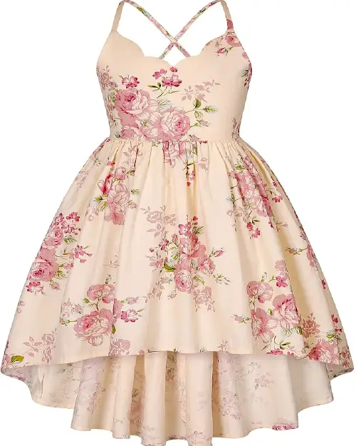 Cream-colored flora high-low dress with pink floral patterns and crisscross back straps.