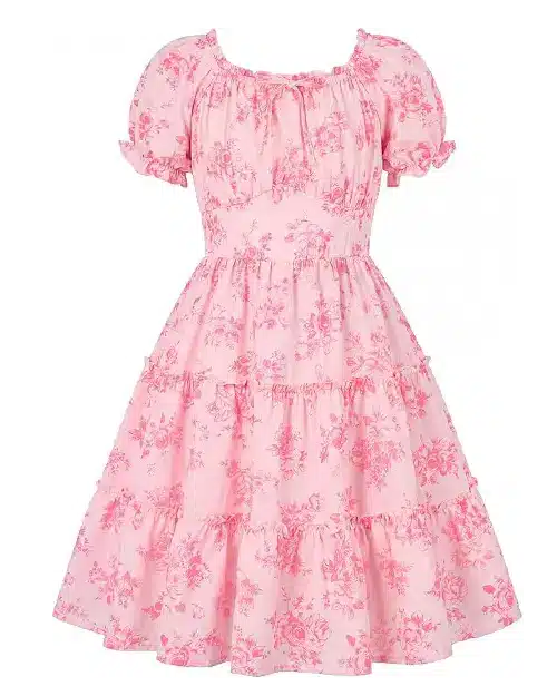 Light pink flora dress featuring an all-over dark pink monochrome floral print, short puff sleeves, and a tiered skirt.
