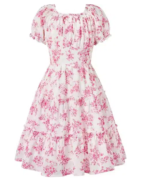 Light pink flora dress featuring an all-over dark pink monochrome floral print, short puff sleeves, and a tiered flared skirt.
