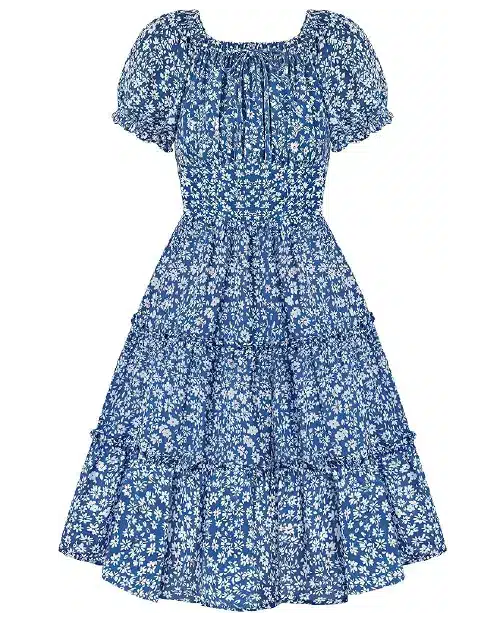 Royal blue flora dress patterned with dense white and light blue floral prints, puff sleeves, and a tiered skirt.