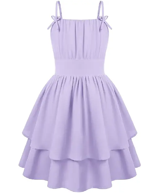 Solid pastel purple flora dress featuring thin shoulder straps with side bows and a layered tiered ruffle skirt.