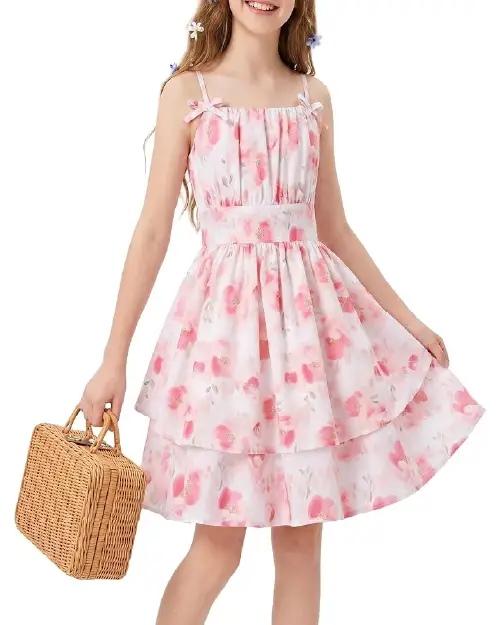 Young girl modeling a light pink flora dress with pink floral prints, strap bows, a tiered skirt, and holding a woven basket bag.